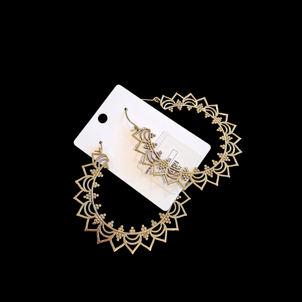 NWT - Boho Brass Hoop Earrings with Intricate Detailing - Picture 2 of 7